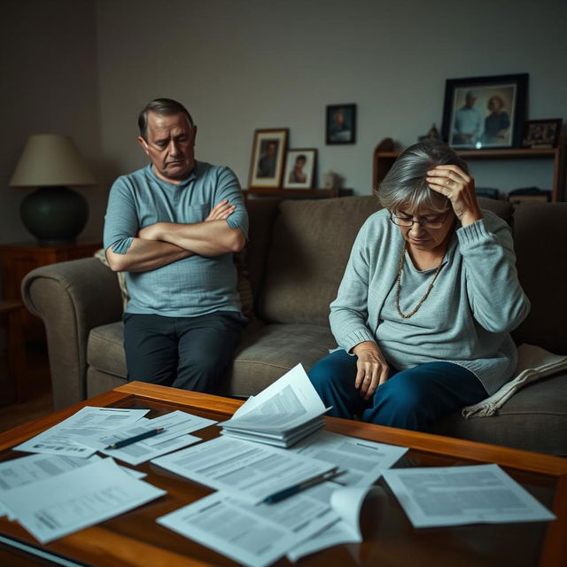 A man and woman in their living room, both showing signs of stress and concern as they discuss the pressures related to caring for their elderly parents