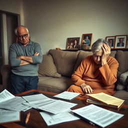 A man and woman in their living room, both showing signs of stress and concern as they discuss the pressures related to caring for their elderly parents