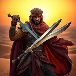 A striking depiction of an Arabic warrior holding a beautifully crafted sword