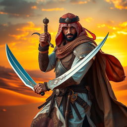 A striking depiction of an Arabic warrior holding a beautifully crafted sword