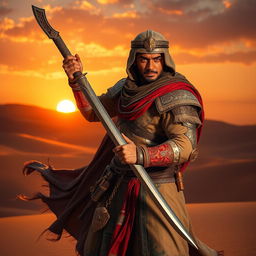 A striking depiction of an Arabic warrior holding a beautifully crafted sword