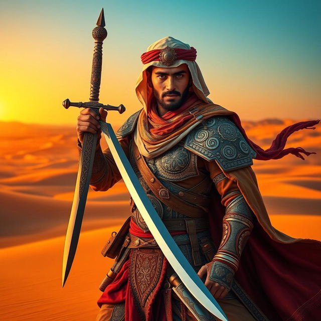 A striking depiction of an Arabic warrior holding a beautifully crafted sword