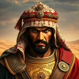 An impressive portrait of an Arabic warrior, showcasing a strong and noble figure dressed in traditional attire, complete with intricate designs and vibrant colors