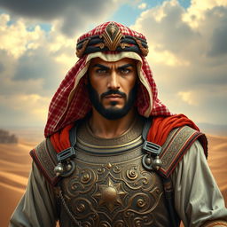 An impressive portrait of an Arabic warrior, showcasing a strong and noble figure dressed in traditional attire, complete with intricate designs and vibrant colors