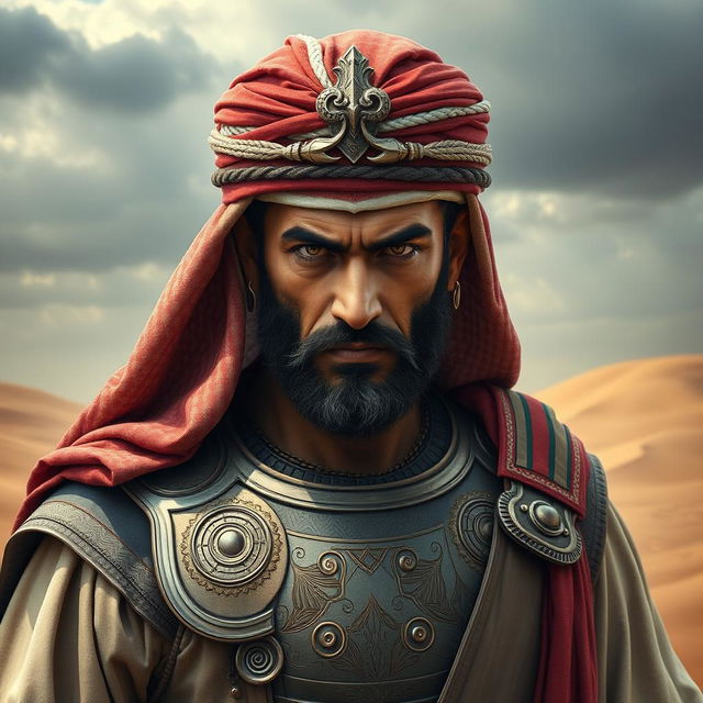 An impressive portrait of an Arabic warrior, showcasing a strong and noble figure dressed in traditional attire, complete with intricate designs and vibrant colors