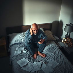A man sitting on the edge of a bed in a dimly lit bedroom, looking deeply stressed and overwhelmed due to the pressure of caring for his elderly parents