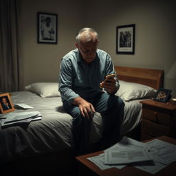 A man sitting on the edge of a bed in a dimly lit bedroom, looking deeply stressed and overwhelmed due to the pressure of caring for his elderly parents