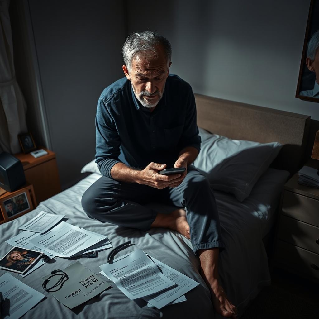 A man sitting on the edge of a bed in a dimly lit bedroom, looking deeply stressed and overwhelmed due to the pressure of caring for his elderly parents