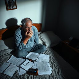 A man sitting on the edge of a bed in a dimly lit bedroom, looking deeply stressed and overwhelmed due to the pressure of caring for his elderly parents