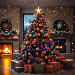 A beautifully decorated Christmas tree showcasing a variety of colorful ornaments, twinkling lights, and a shining star on top