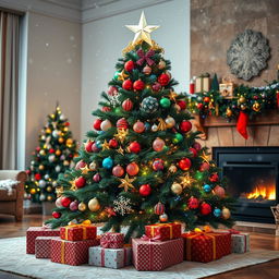 A beautifully decorated Christmas tree showcasing a variety of colorful ornaments, twinkling lights, and a shining star on top