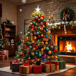 A beautifully decorated Christmas tree showcasing a variety of colorful ornaments, twinkling lights, and a shining star on top