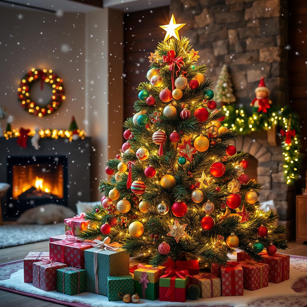 A beautifully decorated Christmas tree showcasing a variety of colorful ornaments, twinkling lights, and a shining star on top