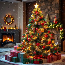 A beautifully decorated Christmas tree showcasing a variety of colorful ornaments, twinkling lights, and a shining star on top