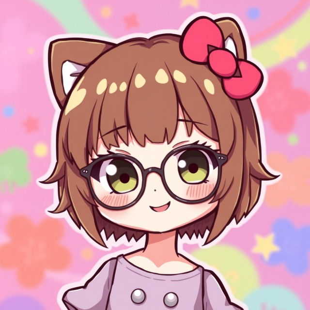 A cute and stylized illustration of a fictional character resembling Hello Kitty, featuring brown hair with bangs and blonde highlights