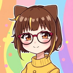 A cute and stylized illustration of a fictional character resembling Hello Kitty, featuring brown hair with bangs and blonde highlights