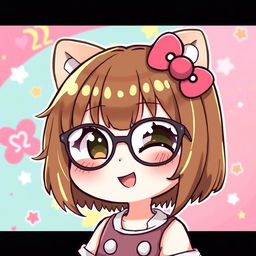 A cute and stylized illustration of a fictional character resembling Hello Kitty, featuring brown hair with bangs and blonde highlights