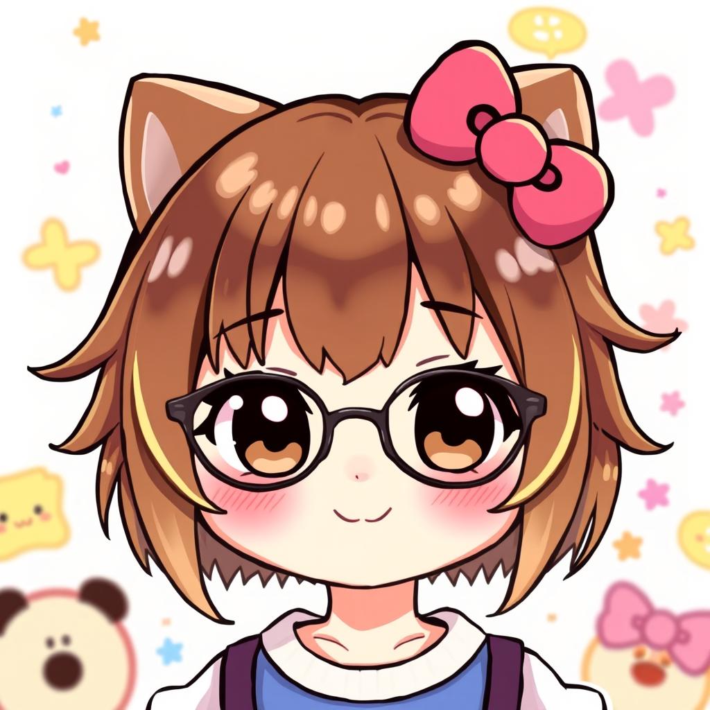 A cute and stylized illustration of a fictional character resembling Hello Kitty, featuring brown hair with bangs and blonde highlights