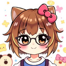 A cute and stylized illustration of a fictional character resembling Hello Kitty, featuring brown hair with bangs and blonde highlights