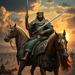 A captivating historical depiction of Khalid Bin Alwaleed, the legendary Arab general known for his military prowess during the early Islamic conquests