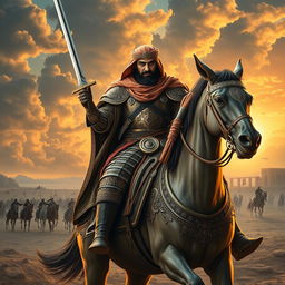 A captivating historical depiction of Khalid Bin Alwaleed, the legendary Arab general known for his military prowess during the early Islamic conquests