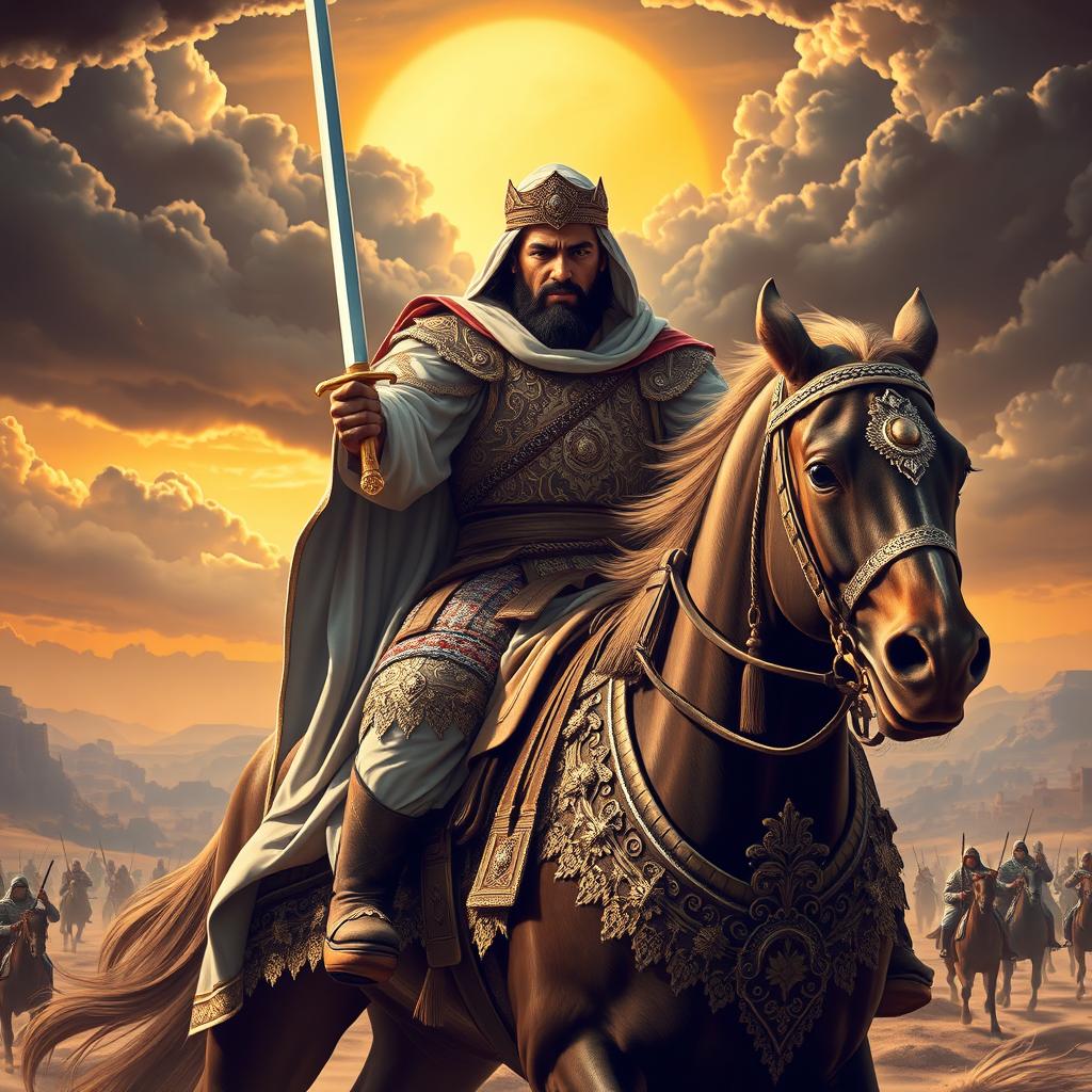 A captivating historical depiction of Khalid Bin Alwaleed, the legendary Arab general known for his military prowess during the early Islamic conquests