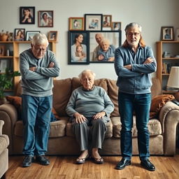 An elderly couple sitting together on a cozy sofa, looking concerned and weary, while a man and woman stand in front of them, visibly stressed by the responsibilities of caring for their aging parents