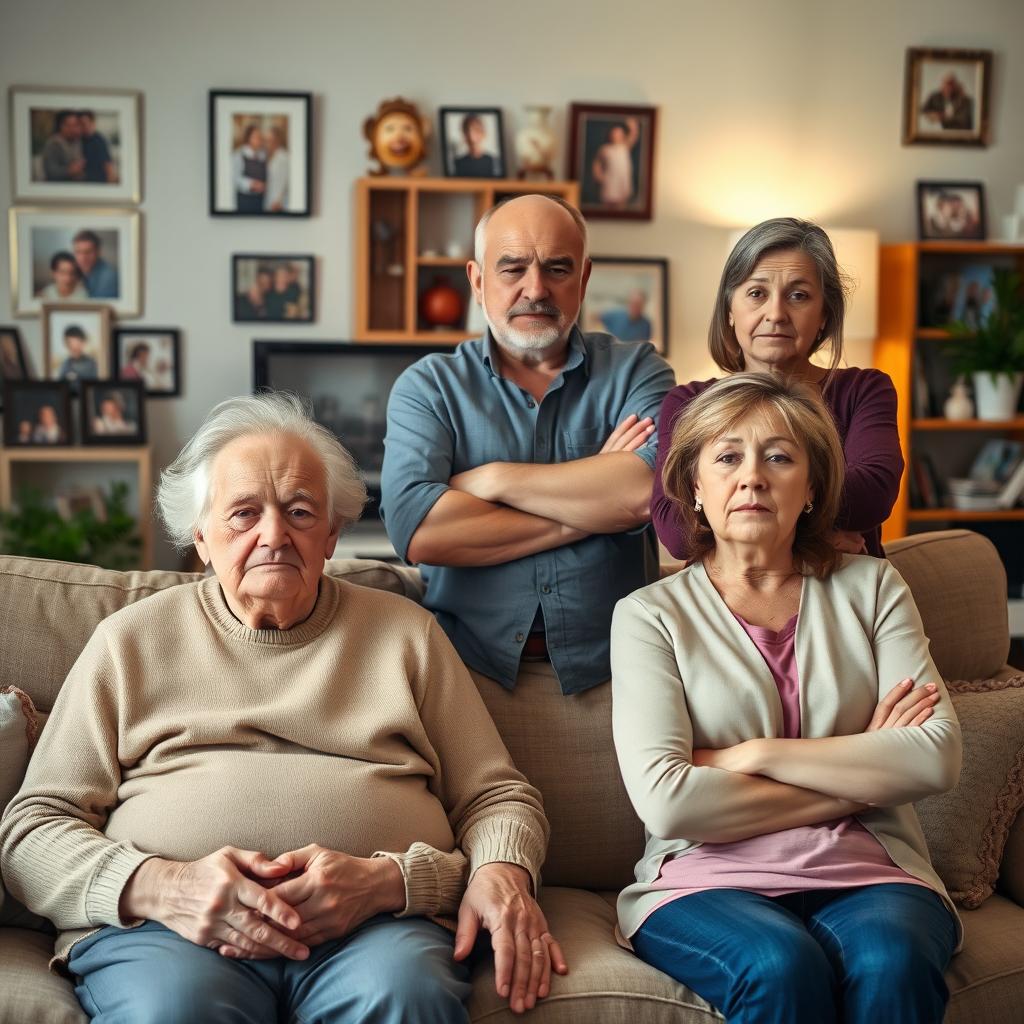 An elderly couple sitting together on a cozy sofa, looking concerned and weary, while a man and woman stand in front of them, visibly stressed by the responsibilities of caring for their aging parents