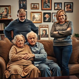 An elderly couple sitting together on a cozy sofa, looking concerned and weary, while a man and woman stand in front of them, visibly stressed by the responsibilities of caring for their aging parents