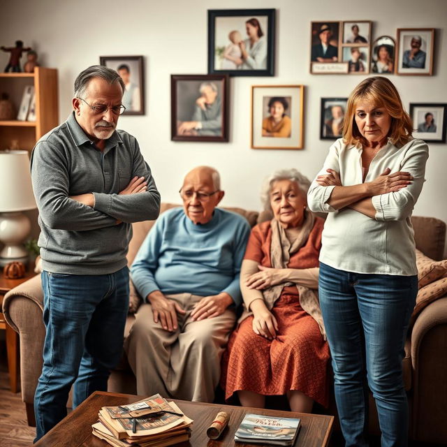 An elderly couple sitting together on a cozy sofa, looking concerned and weary, while a man and woman stand in front of them, visibly stressed by the responsibilities of caring for their aging parents