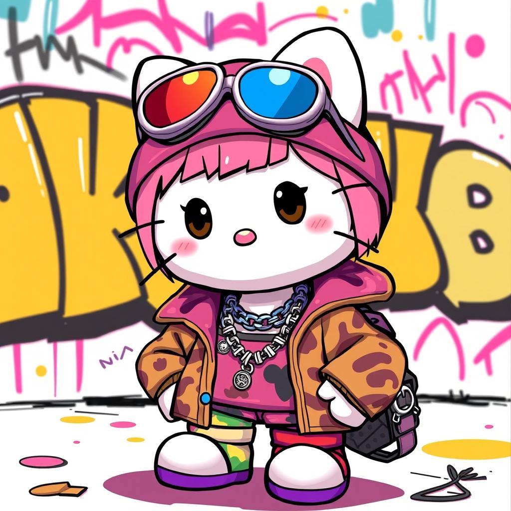 A humorous and playful depiction of a character inspired by Hello Kitty, styled in a choni fashion