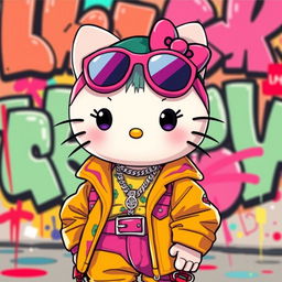A humorous and playful depiction of a character inspired by Hello Kitty, styled in a choni fashion