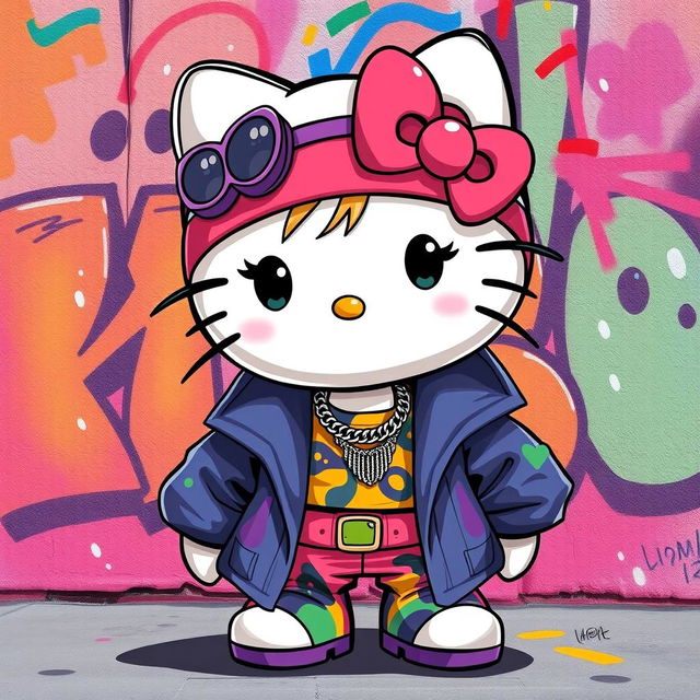 A humorous and playful depiction of a character inspired by Hello Kitty, styled in a choni fashion