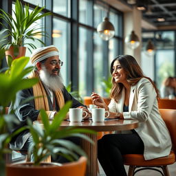 A fictional portrayal of Musa al-Sadr, a prominent political and religious leader from Lebanon, sitting at a table in a contemporary cafe, engaging in a lively discussion with Mia Khalifa, a well-known media personality and sports commentator