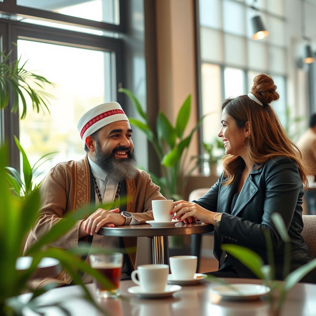 A fictional portrayal of Musa al-Sadr, a prominent political and religious leader from Lebanon, sitting at a table in a contemporary cafe, engaging in a lively discussion with Mia Khalifa, a well-known media personality and sports commentator