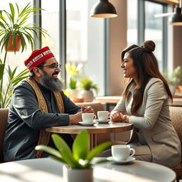 A fictional portrayal of Musa al-Sadr, a prominent political and religious leader from Lebanon, sitting at a table in a contemporary cafe, engaging in a lively discussion with Mia Khalifa, a well-known media personality and sports commentator