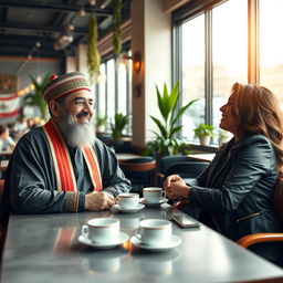 A fictional portrayal of Musa al-Sadr, a prominent political and religious leader from Lebanon, sitting at a table in a contemporary cafe, engaging in a lively discussion with Mia Khalifa, a well-known media personality and sports commentator