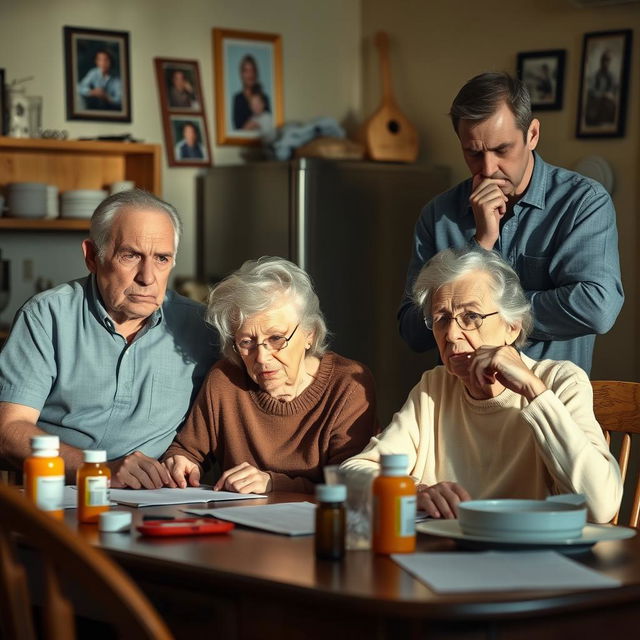 An elderly couple sitting at a kitchen table, appearing anxious and worried, while their adult child stands nearby, visibly stressed and overwhelmed