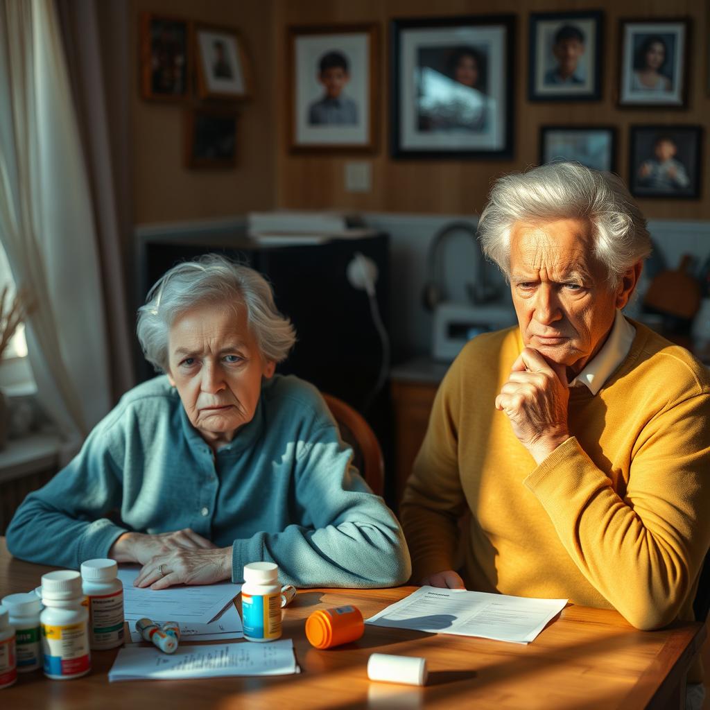 An elderly couple sitting at a kitchen table, appearing anxious and worried, while their adult child stands nearby, visibly stressed and overwhelmed