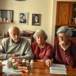An elderly couple sitting at a kitchen table, appearing anxious and worried, while their adult child stands nearby, visibly stressed and overwhelmed