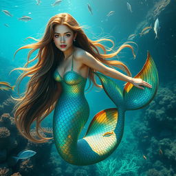 A stunning mermaid, featuring a beautiful woman with long flowing hair that merges seamlessly with the iridescent scales of a rare underwater fish