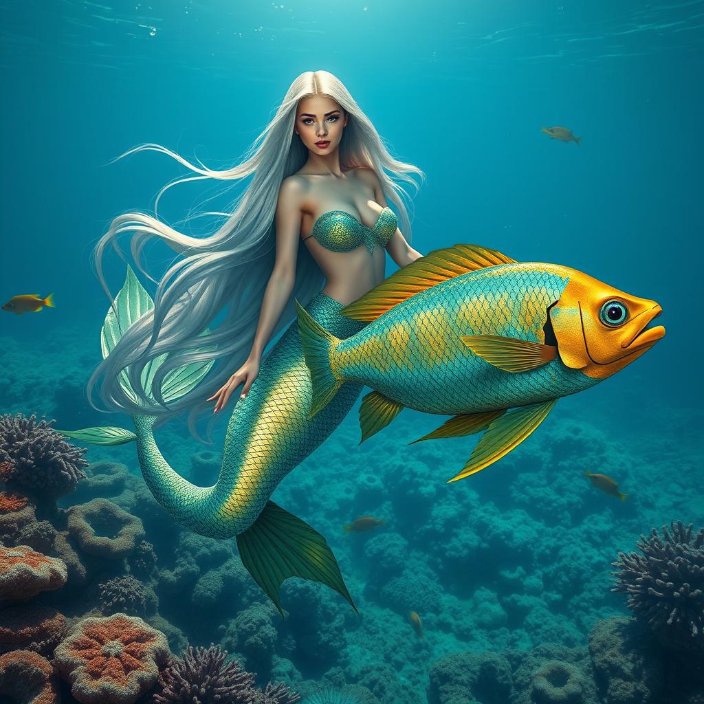 A stunning mermaid, featuring a beautiful woman with long flowing hair that merges seamlessly with the iridescent scales of a rare underwater fish