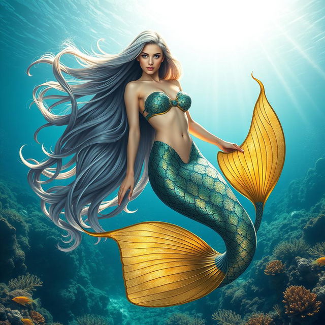 A stunning mermaid, featuring a beautiful woman with long flowing hair that merges seamlessly with the iridescent scales of a rare underwater fish