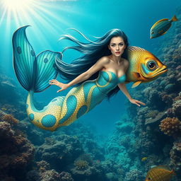 A stunning mermaid, featuring a beautiful woman with long flowing hair that merges seamlessly with the iridescent scales of a rare underwater fish