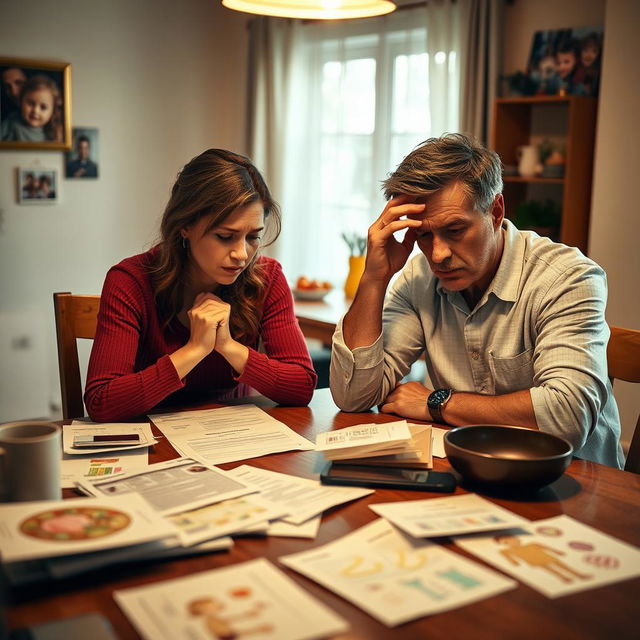 A woman and a man sitting at a dining table, both visibly stressed as they discuss family matters