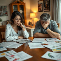 A woman and a man sitting at a dining table, both visibly stressed as they discuss family matters