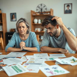 A woman and a man sitting at a dining table, both visibly stressed as they discuss family matters