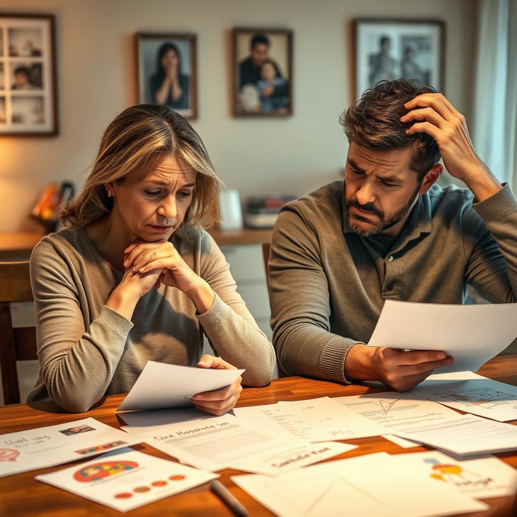 A woman and a man sitting at a dining table, both visibly stressed as they discuss family matters