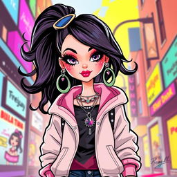 A stylish and edgy illustration of a character inspired by Bratz dolls, designed with a choni aesthetic