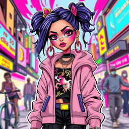 A stylish and edgy illustration of a character inspired by Bratz dolls, designed with a choni aesthetic